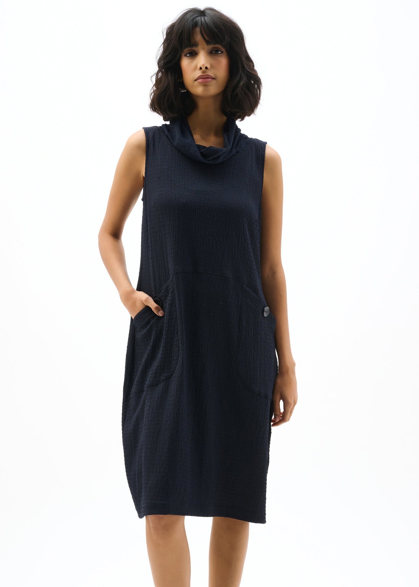 Joseph Ribkoff - Textured Knit Trapeze Dress With Funnel Collar