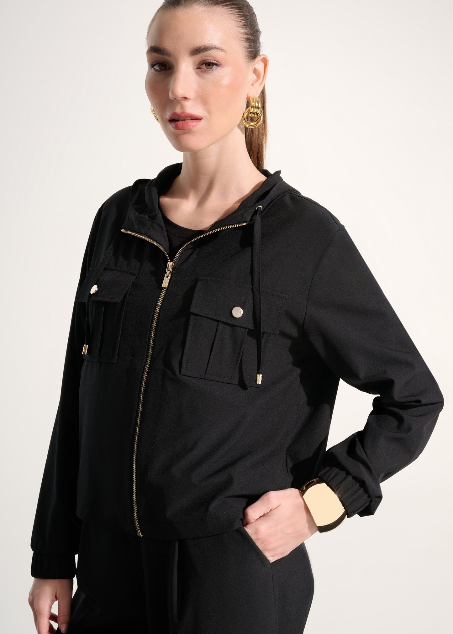 Joseph Ribkoff - Stretch Woven Hooded Boxy Utility Jacket