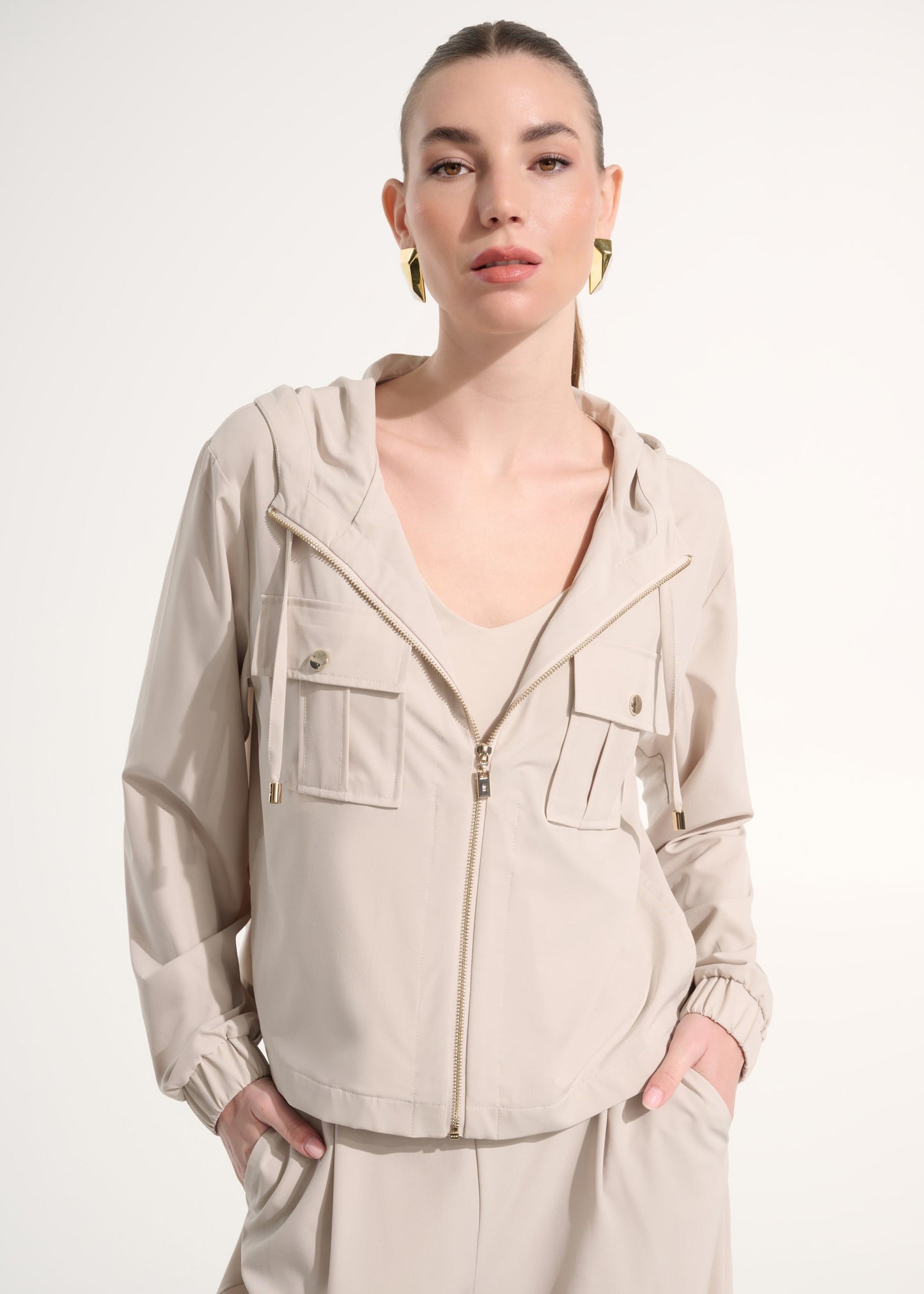 Joseph Ribkoff - Stretch Woven Hooded Boxy Utility Jacket