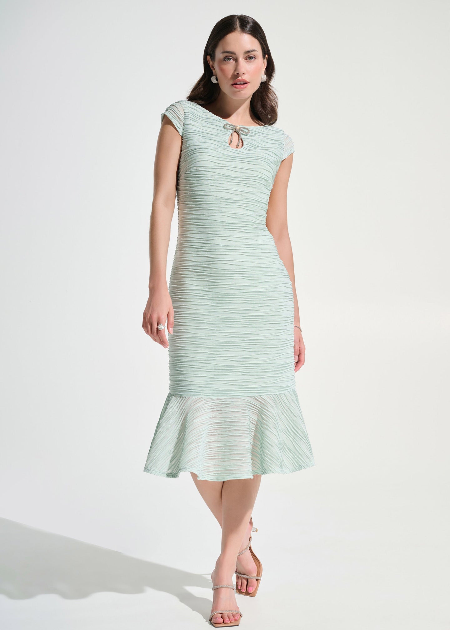 Joseph Ribkoff - Signature Lurex Cascade Flounce Dress With Rhinestone Bow