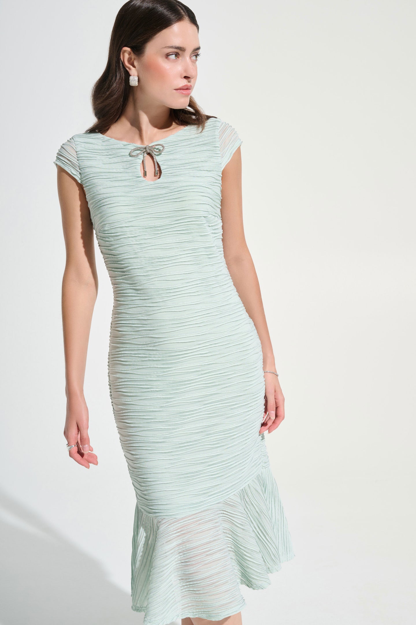 Joseph Ribkoff - Signature Lurex Cascade Flounce Dress With Rhinestone Bow