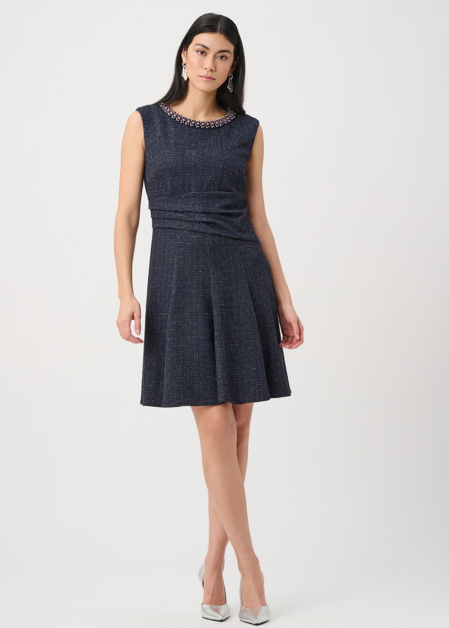 Joseph Ribkoff - Lurex Boucle Flounce Dress with Pearl Trim