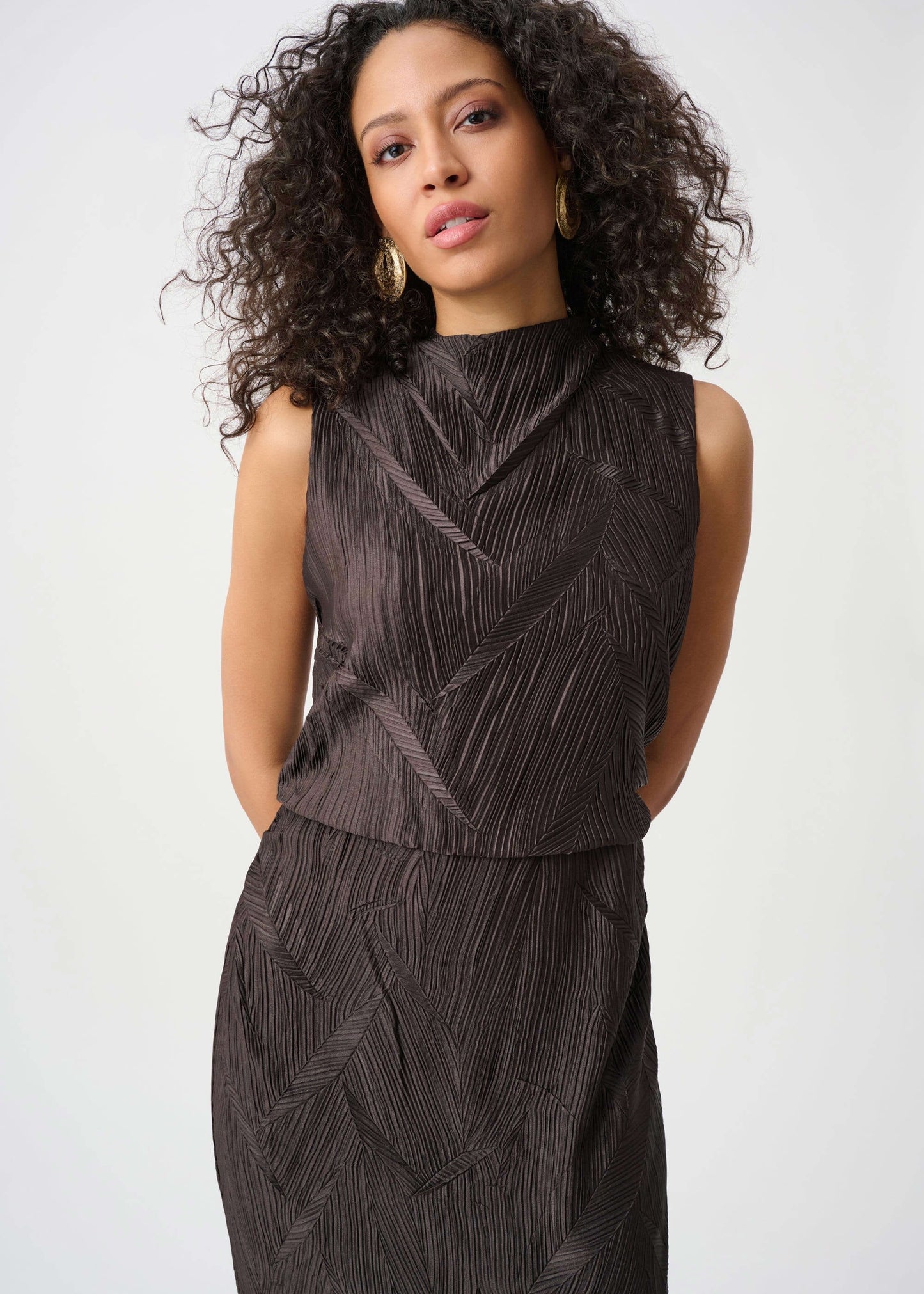 Joseph Ribkoff - Pleated Satin Sleeveless Midi Dress
