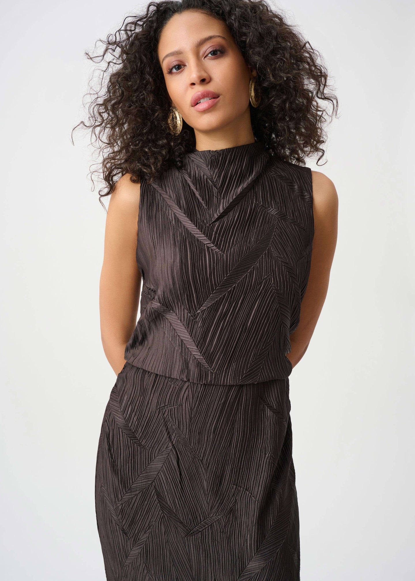 Joseph Ribkoff - Pleated Satin Sleeveless Midi Dress