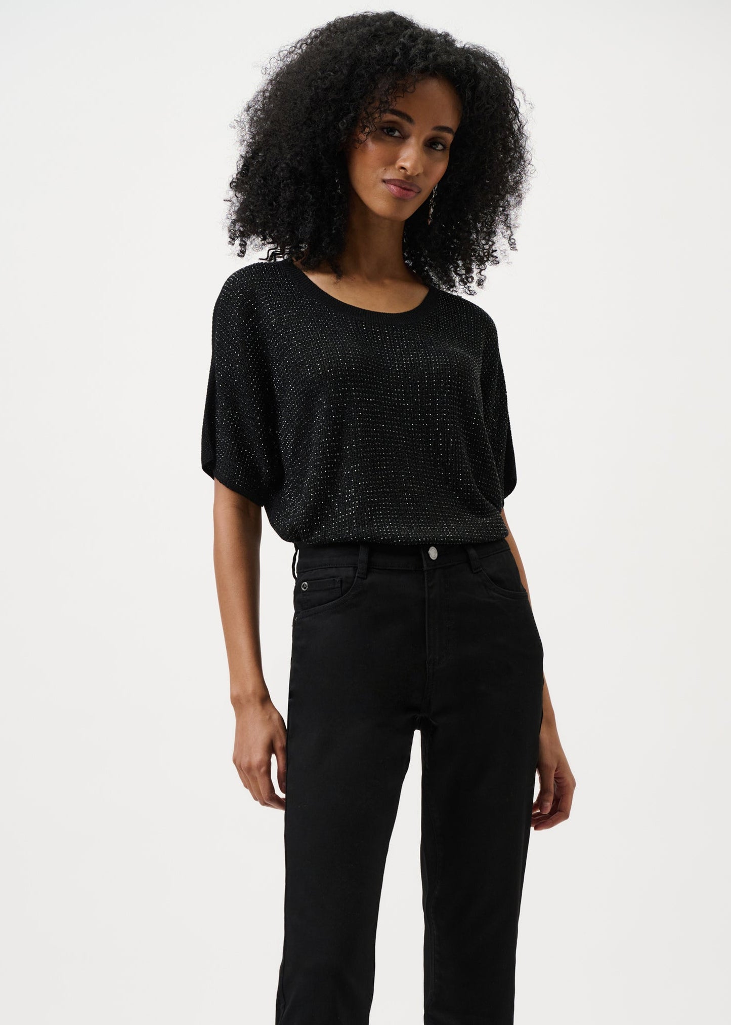 Joseph Ribkoff - Metallic Knitted T-shirt with Rhinestones - Core Colours