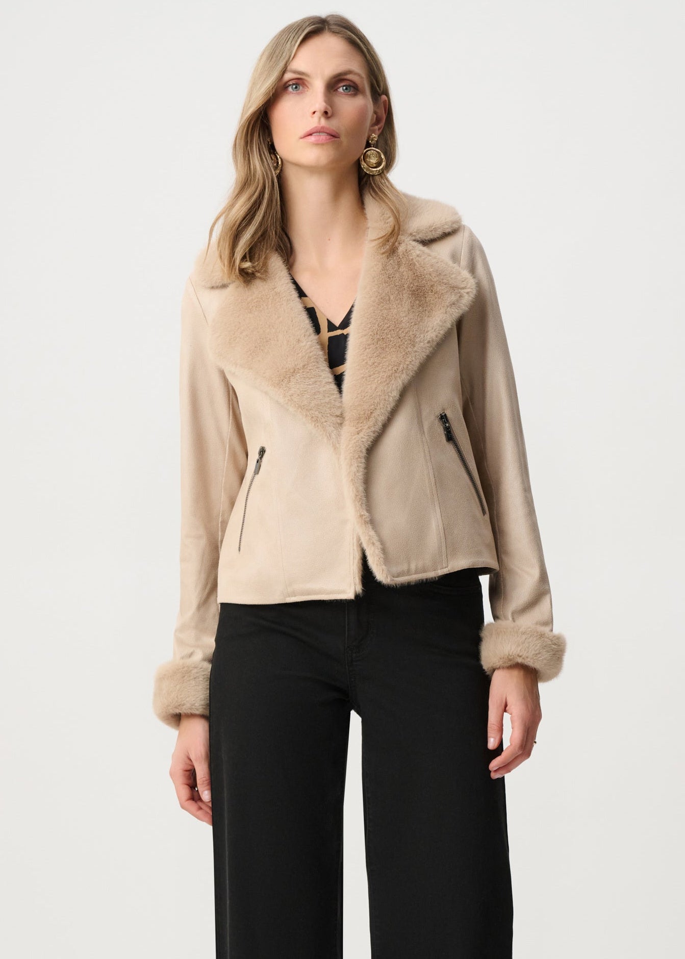Joseph Ribkoff - Foiled Faux Suede Jacket With Faux Fur Collar