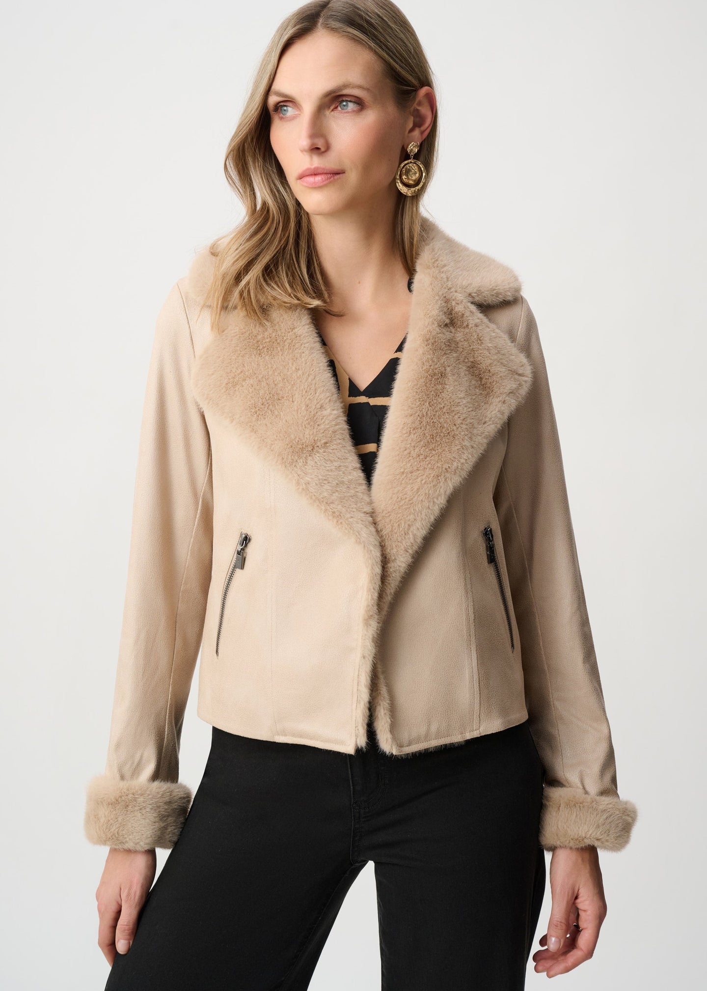 Joseph Ribkoff - Foiled Faux Suede Jacket With Faux Fur Collar