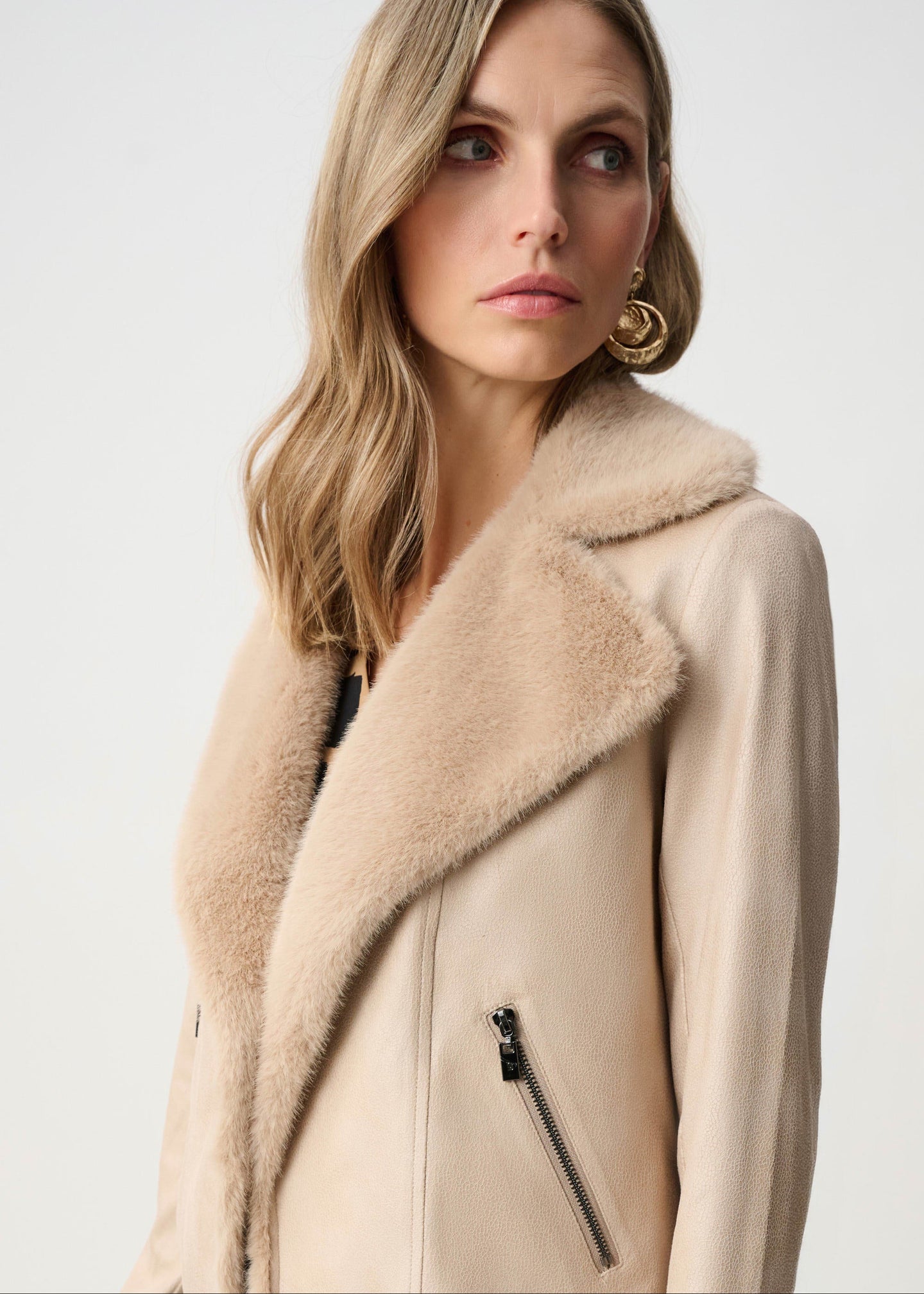 Joseph Ribkoff - Foiled Faux Suede Jacket With Faux Fur Collar