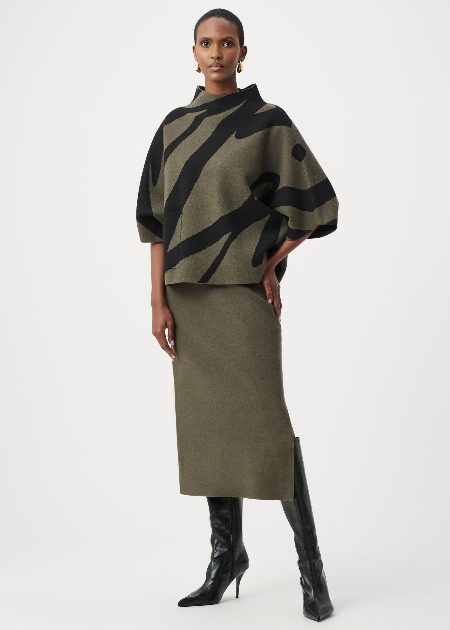 Joseph Ribkoff - Abstract Jacquard Funnel-Neck Boxy Sweater