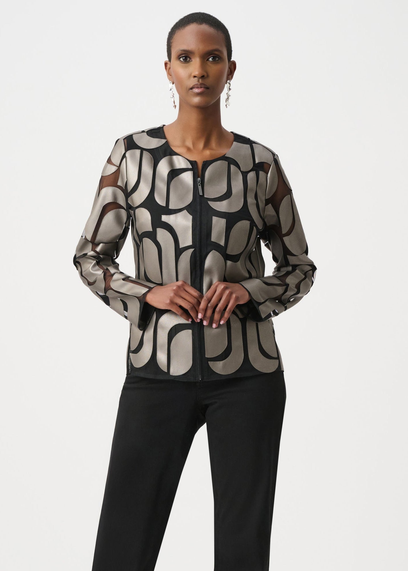 Joseph Ribkoff - Leatherette And Mesh Embroidered Jacket