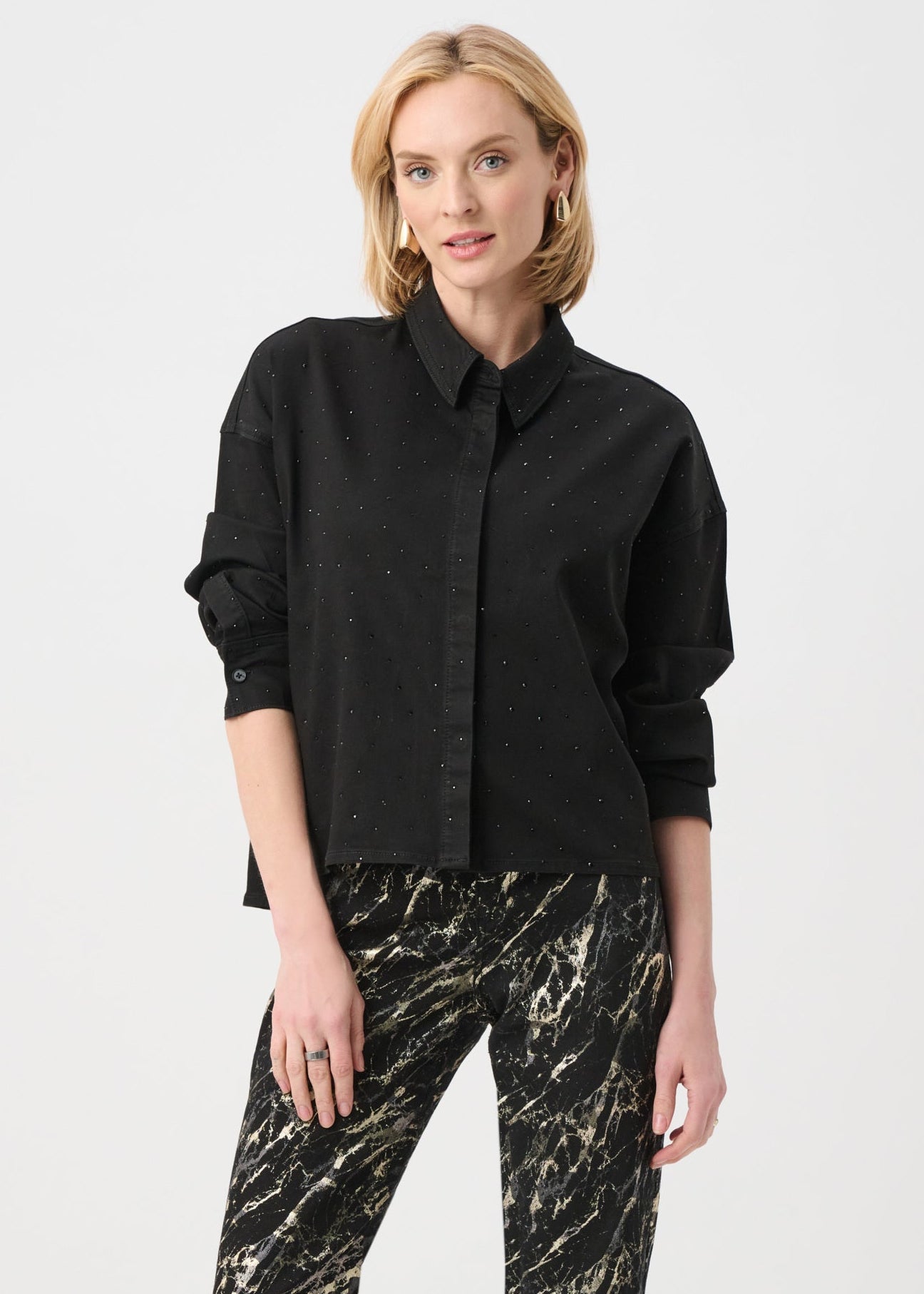 Joseph Ribkoff - Featherweave Denim Cropped Blouse With Rhinestone Detail