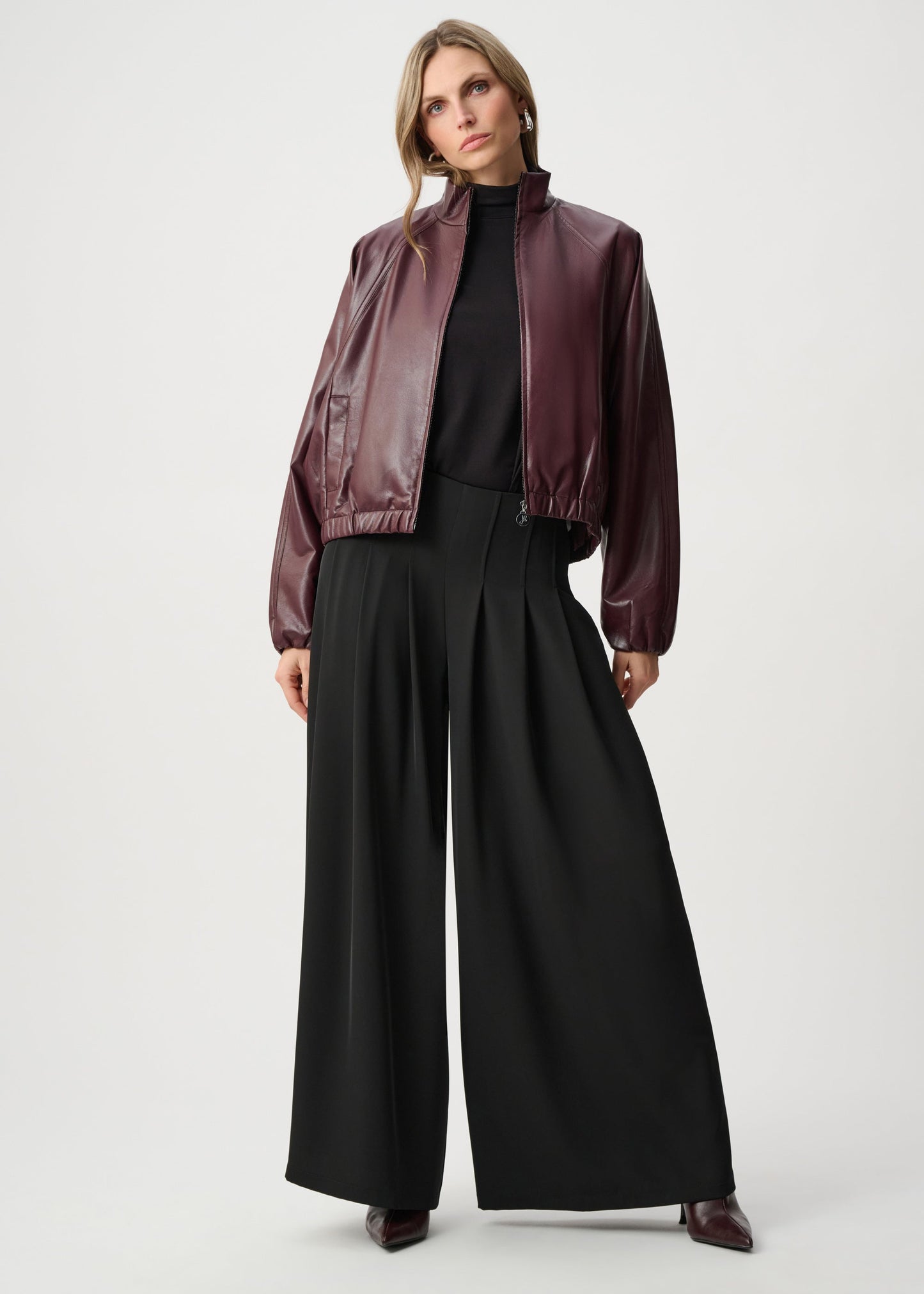 Joseph Ribkoff - Leatherette Mock-Neck Bomber Jacket