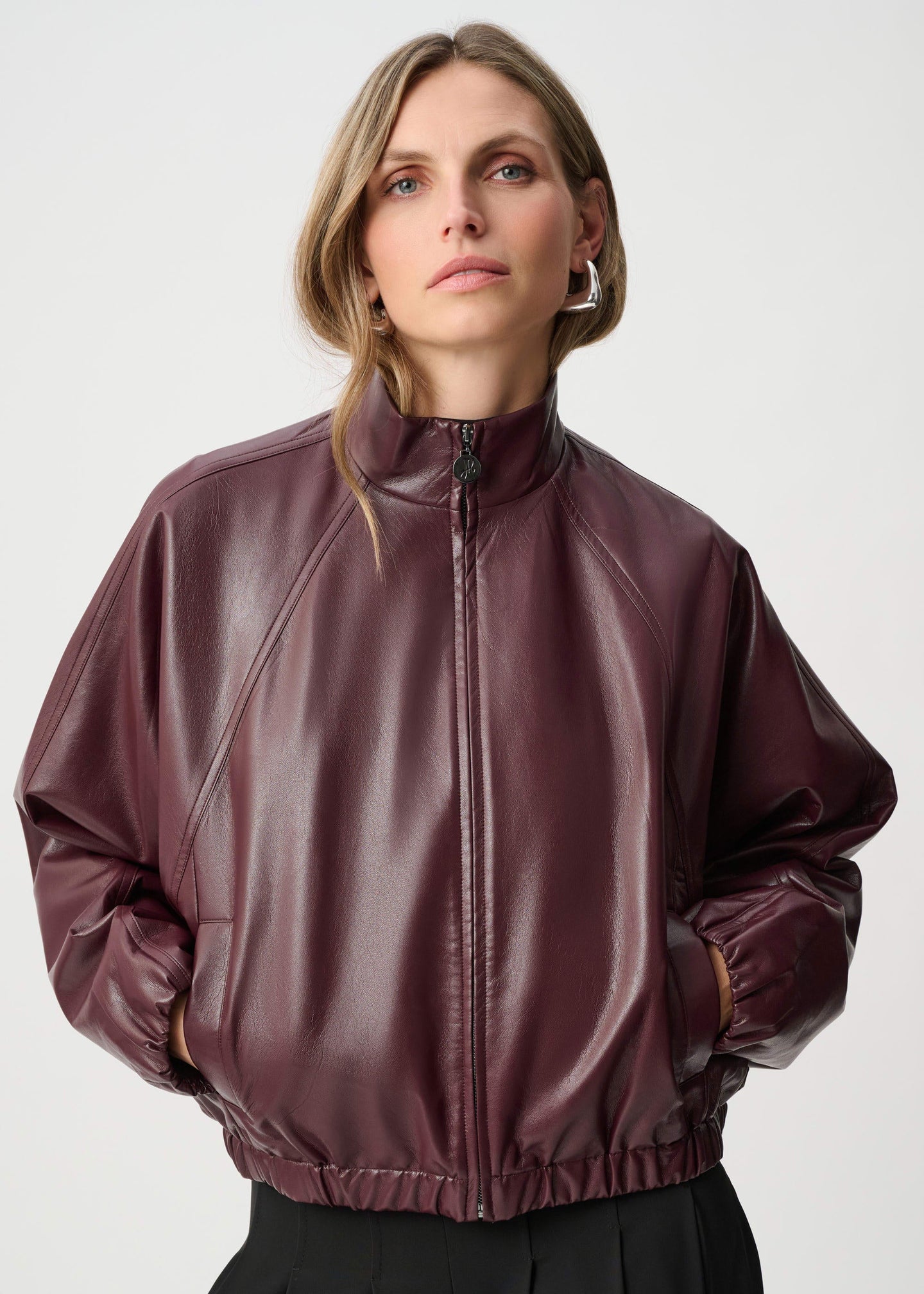 Joseph Ribkoff - Leatherette Mock-Neck Bomber Jacket