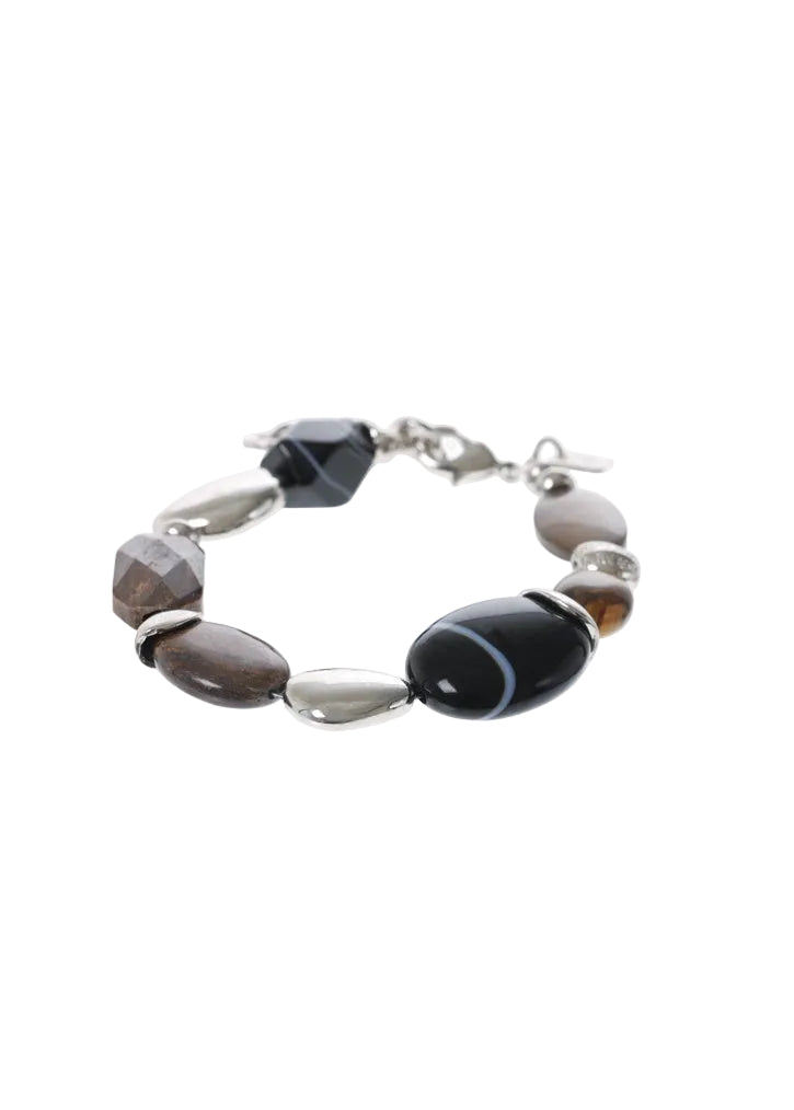 Silver-Tone Mixed Black & Brown Stone Bead Bracelet