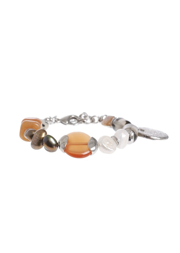 Silver-Tone Mixed Carnelian & Pearl Bead Bracelet