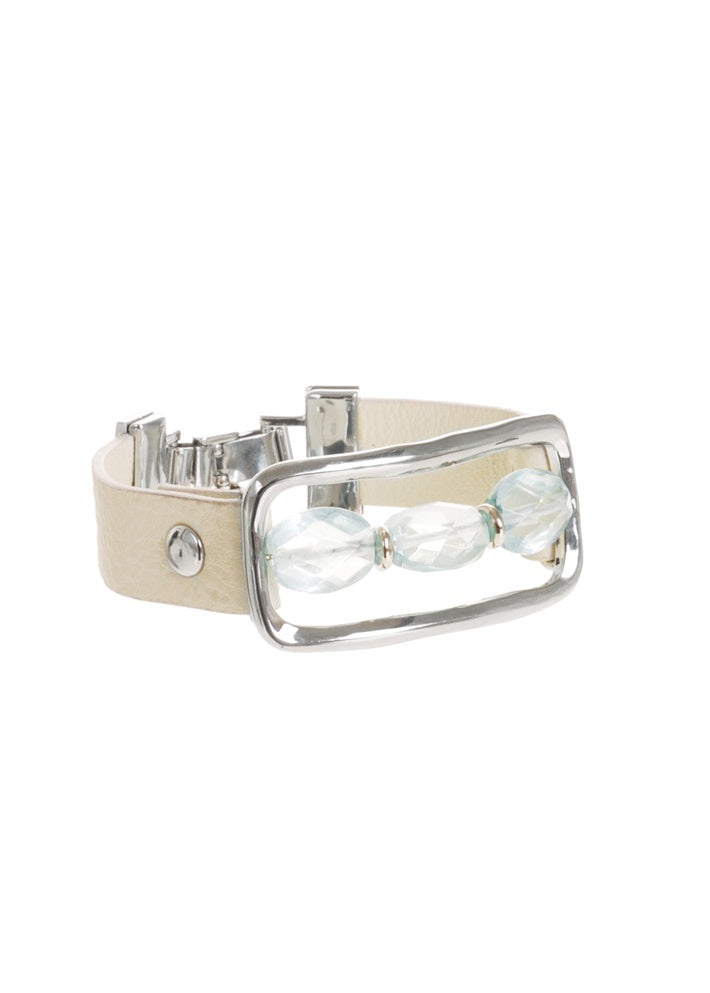 Leather Cuff & Crystal Stone Rectangle Bracelet