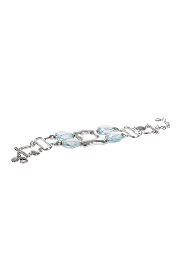 Silver-Tone Aqua Stone & Geometric Frame Link Bracelet