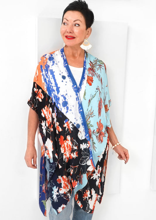 Paparazzi - Viscose Slub Colorblock Floral Pattern Kimono