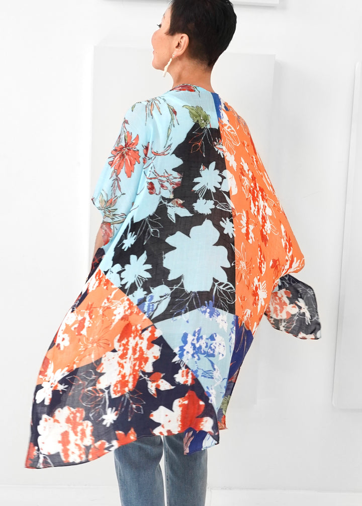 Paparazzi - Viscose Slub Colorblock Floral Pattern Kimono