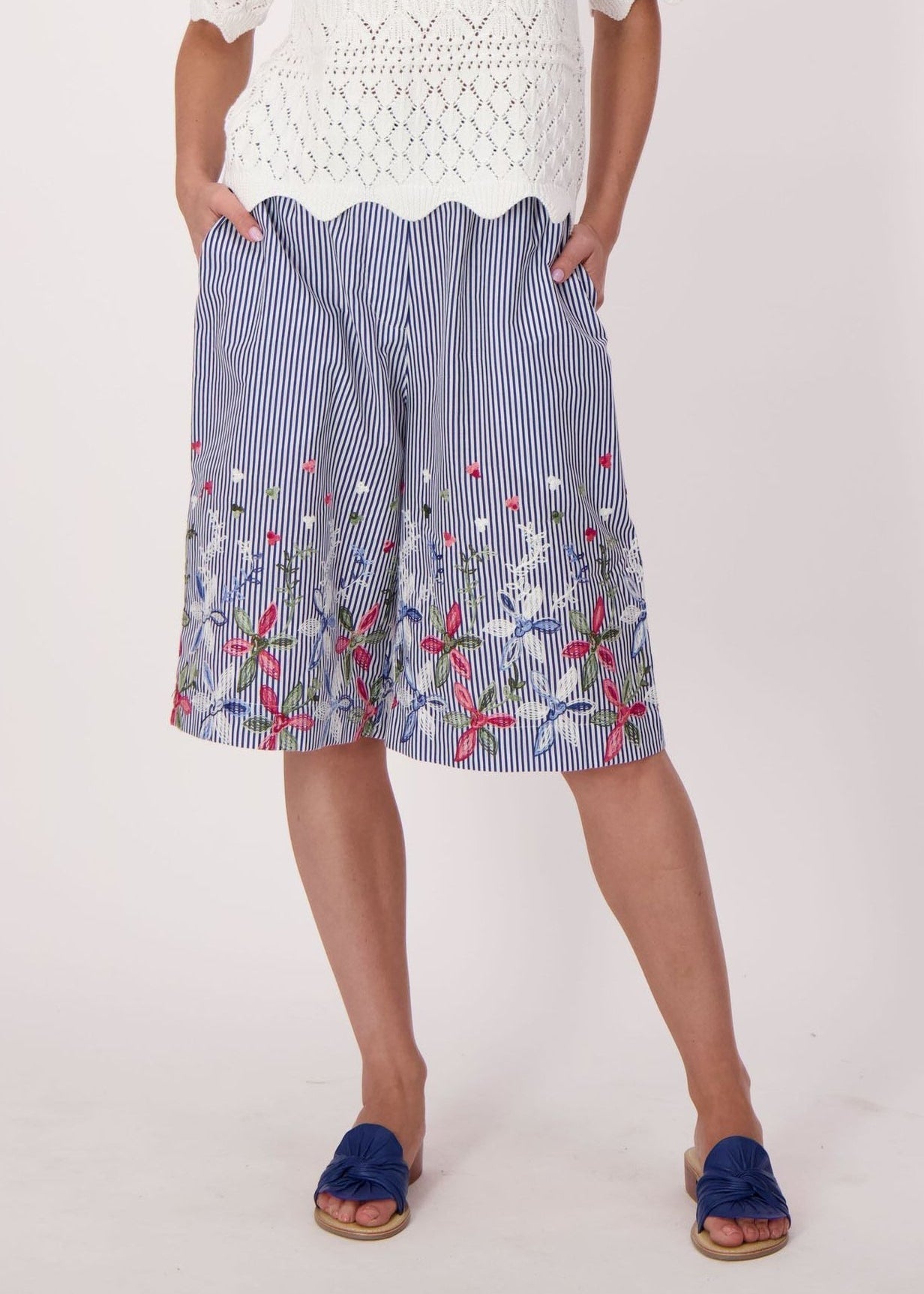 Gabby Isabella - Stripe Floral Embroidered Bermuda Shorts - SALE