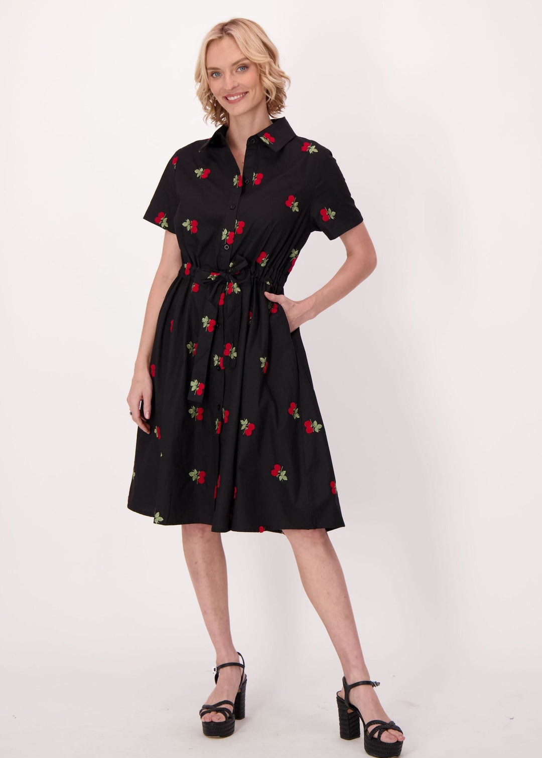 Gabby Isabella - Cherries Cotton Shirt Dress With Waist Tie
