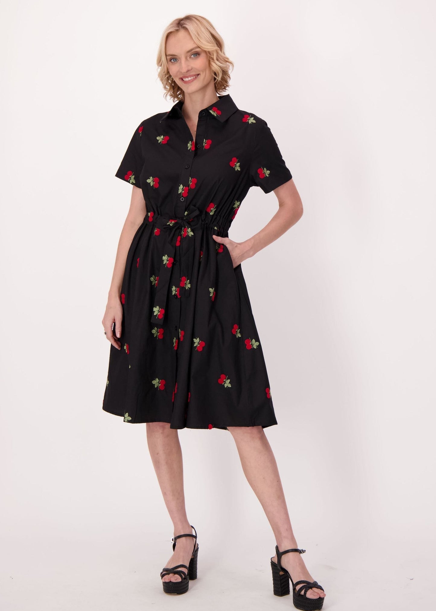 Gabby Isabella - Cherries Cotton Shirt Dress With Waist Tie