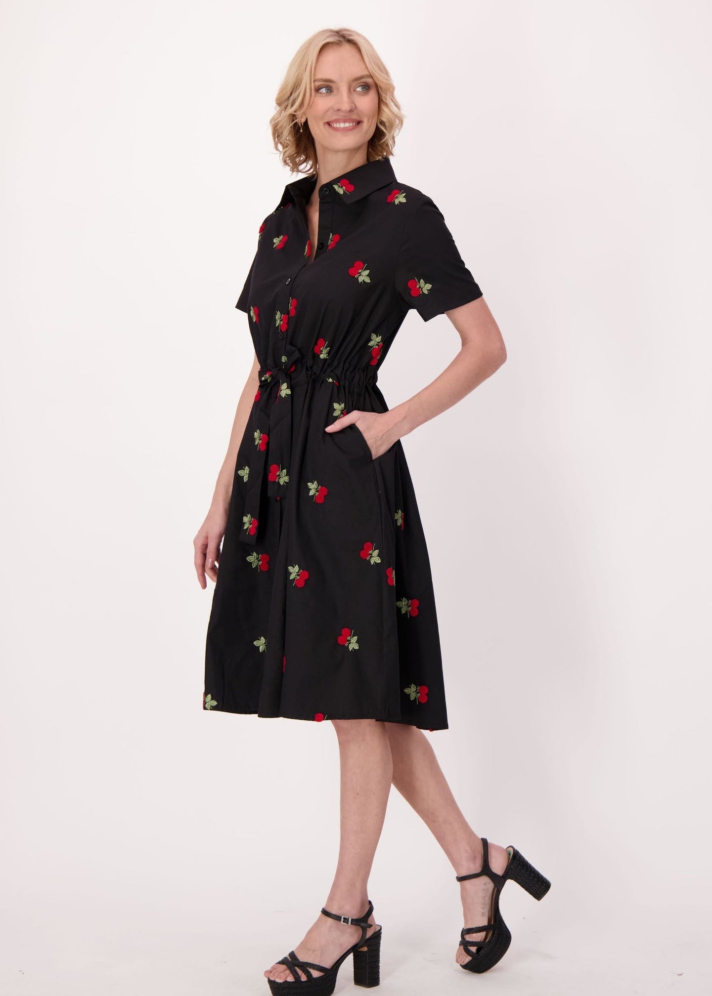 Gabby Isabella - Cherries Cotton Shirt Dress With Waist Tie - SALE