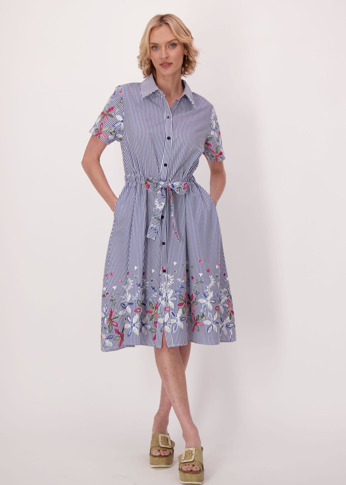 Gabby Isabella - Stripe Floral Embroidered Sleeve Hem Dress