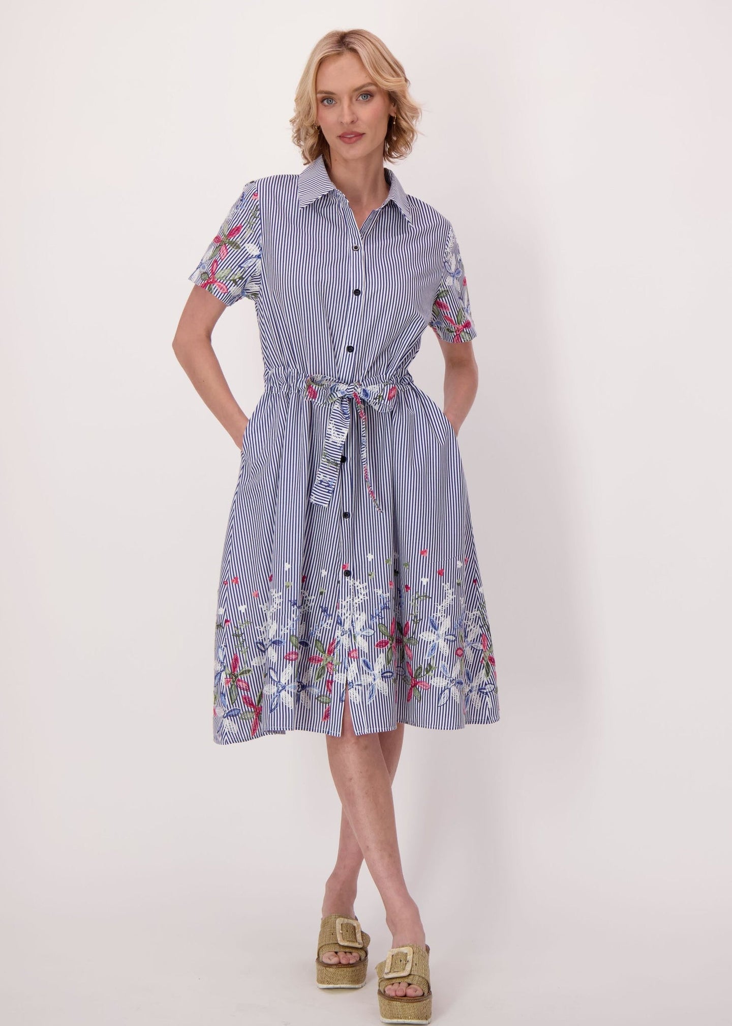 Gabby Isabella - Stripe Floral Embroidered Sleeve Hem Dress