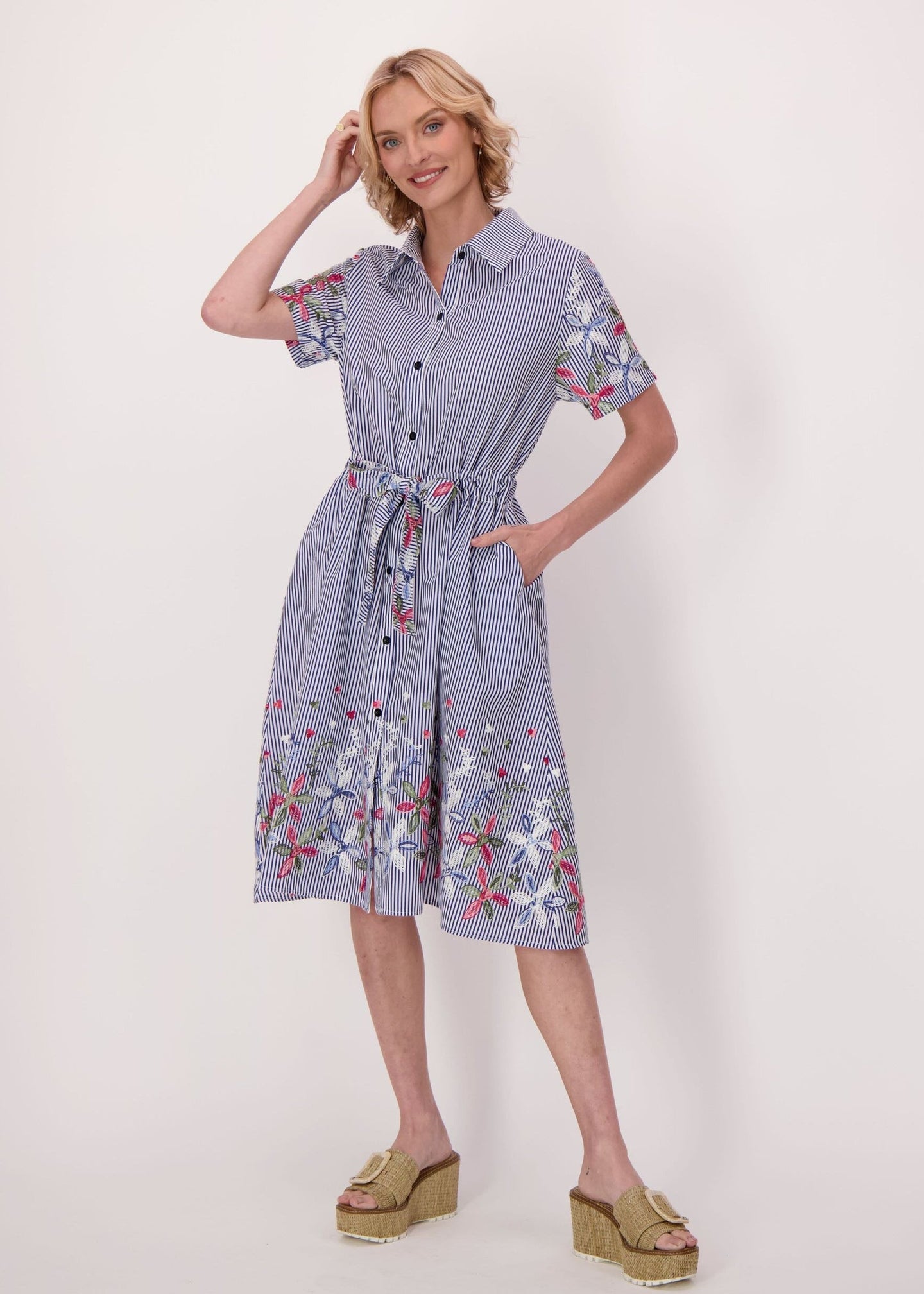 Gabby Isabella - Stripe Floral Embroidered Sleeve Hem Dress - SALE