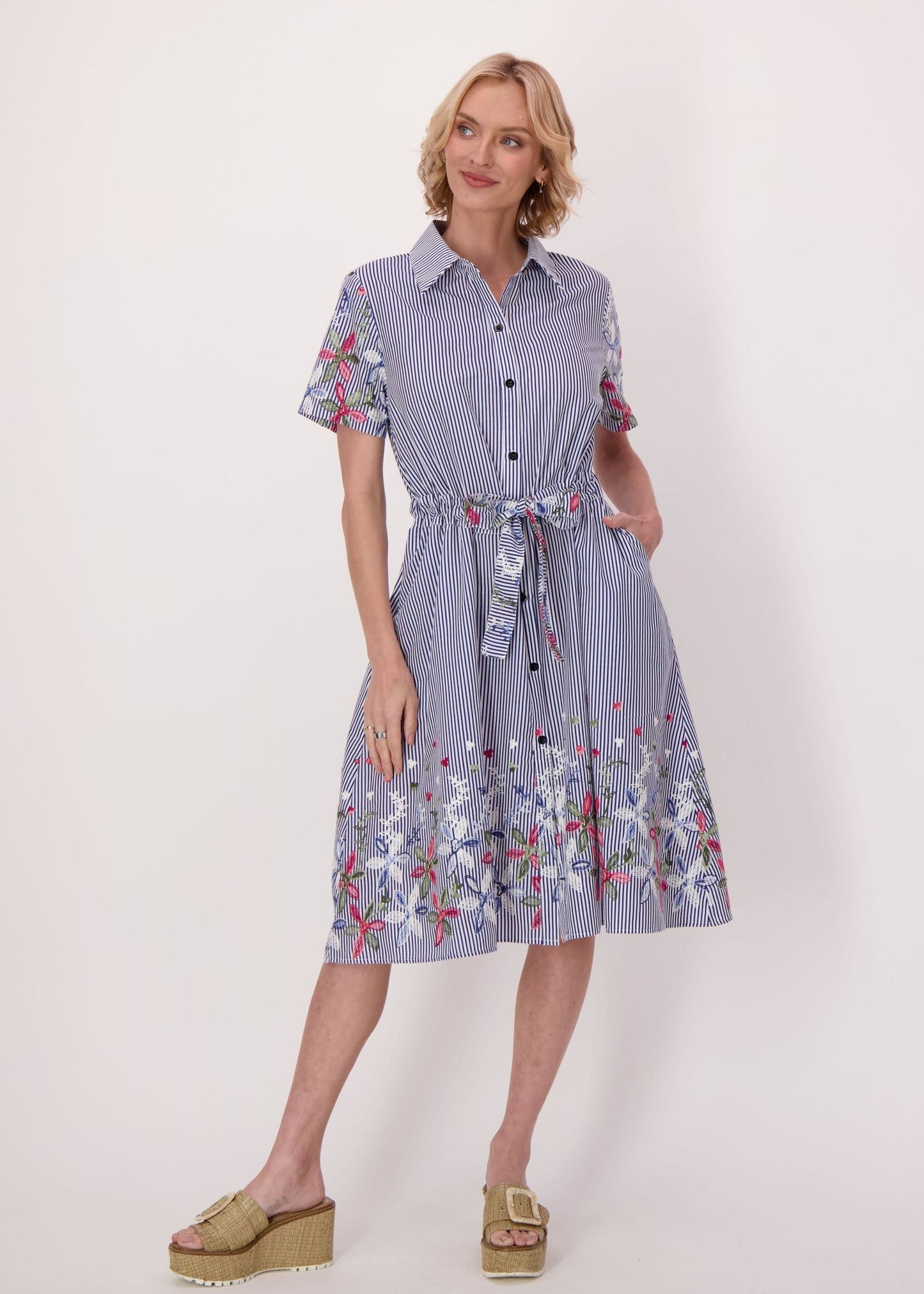 Gabby Isabella - Stripe Floral Embroidered Sleeve Hem Dress - SALE