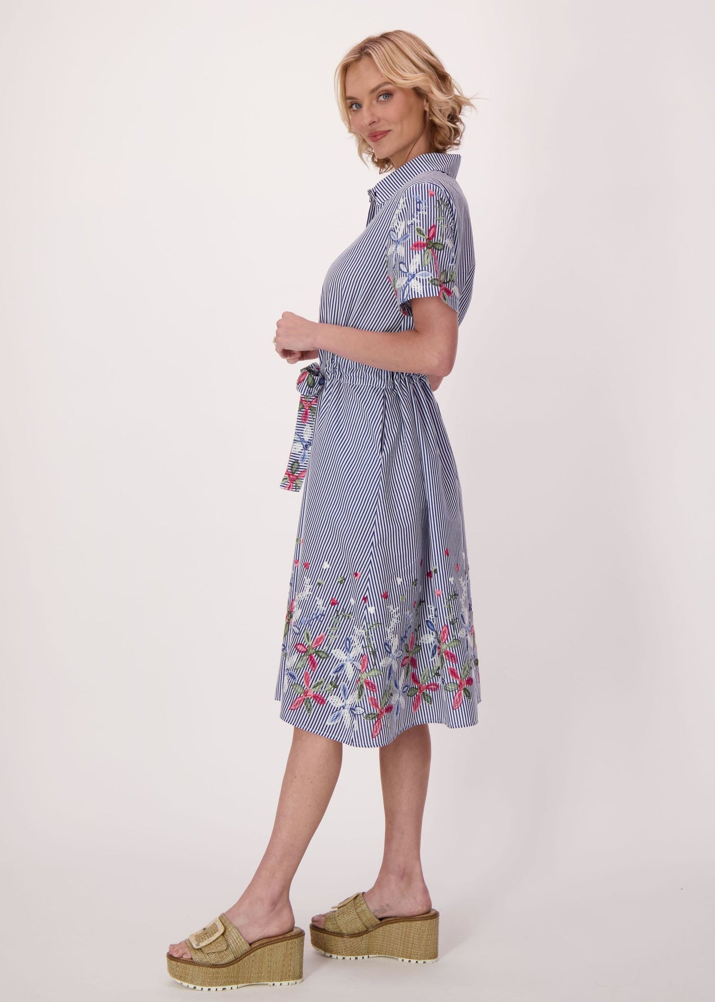 Gabby Isabella - Stripe Floral Embroidered Sleeve Hem Dress - SALE
