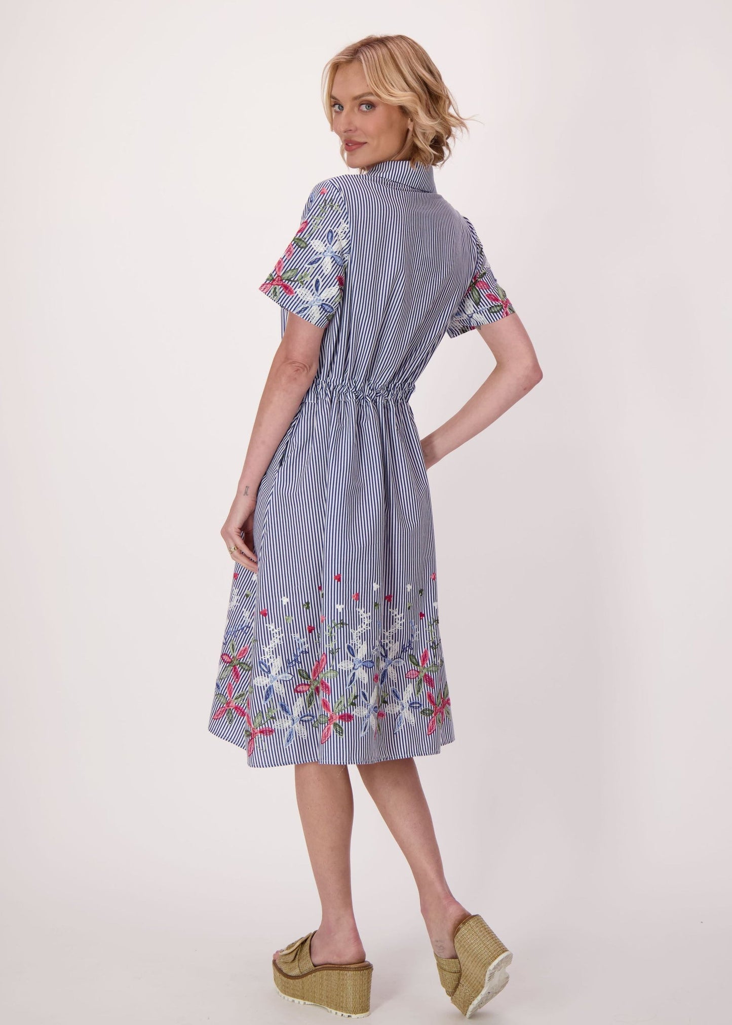 Gabby Isabella - Stripe Floral Embroidered Sleeve Hem Dress - SALE