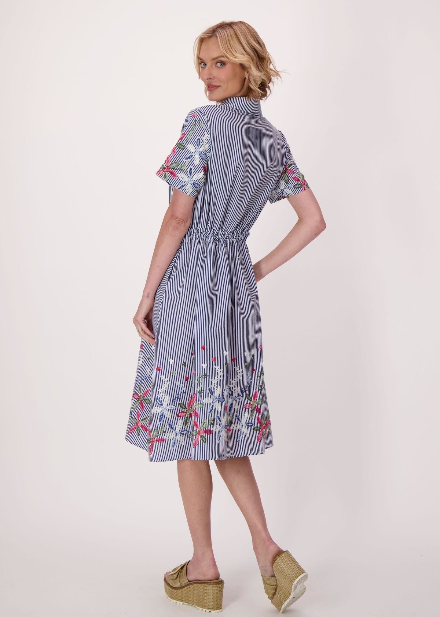 Gabby Isabella - Stripe Floral Embroidered Sleeve Hem Dress - SALE