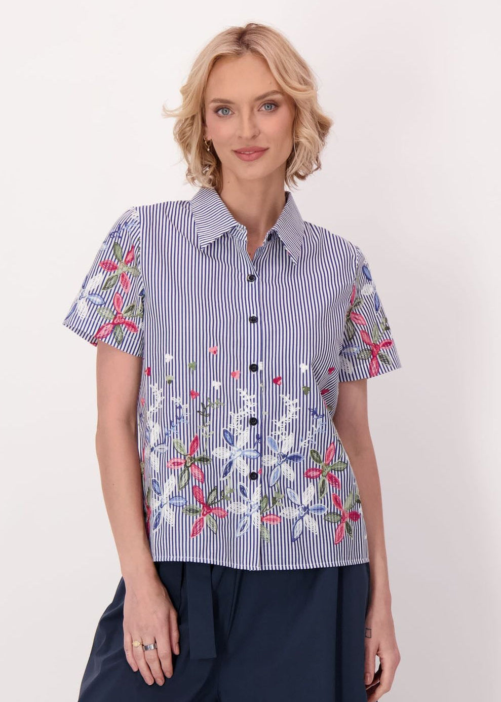 Gabby Isabella - Stripe Floral Embroidered Sleeve Hem Shirt Jacket