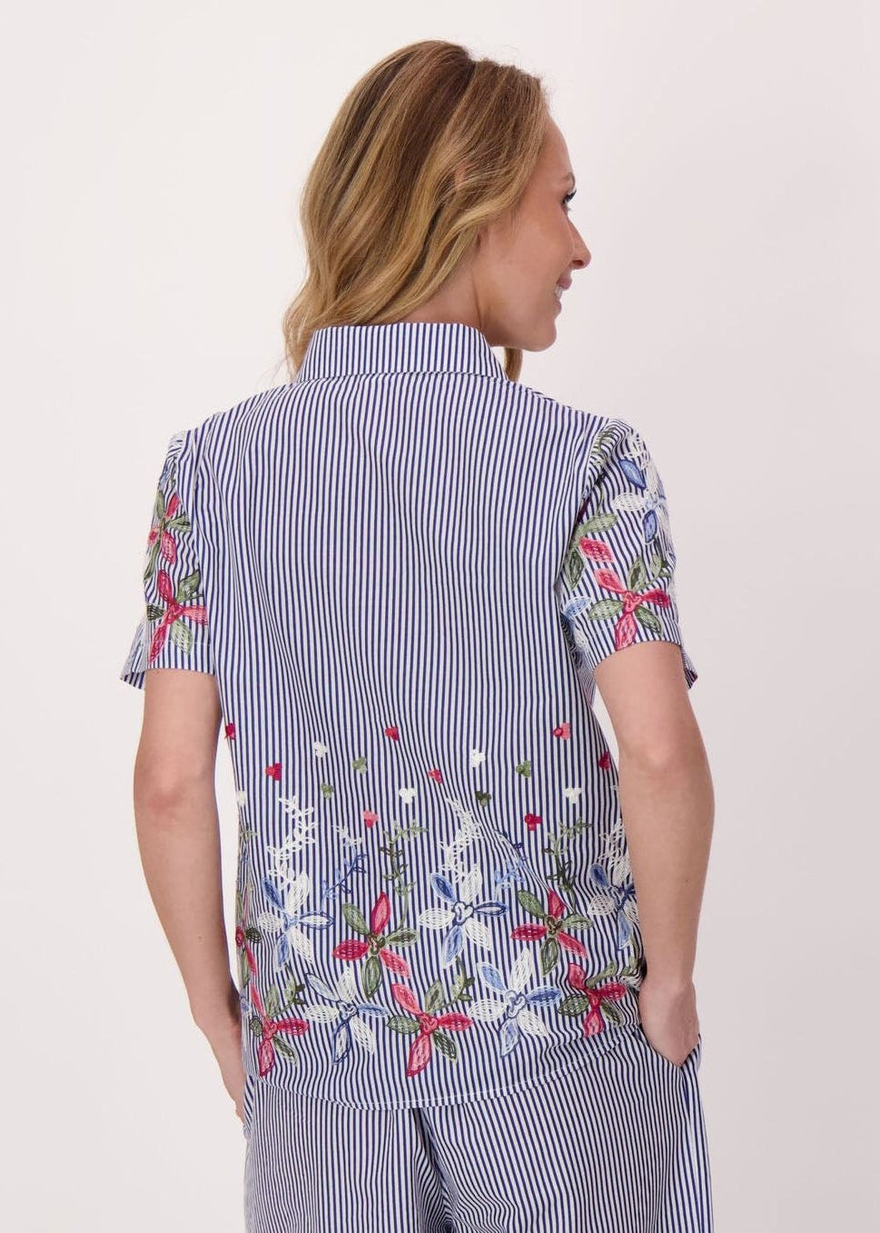 Gabby Isabella - Stripe Floral Embroidered Sleeve Hem Shirt Jacket - SALE