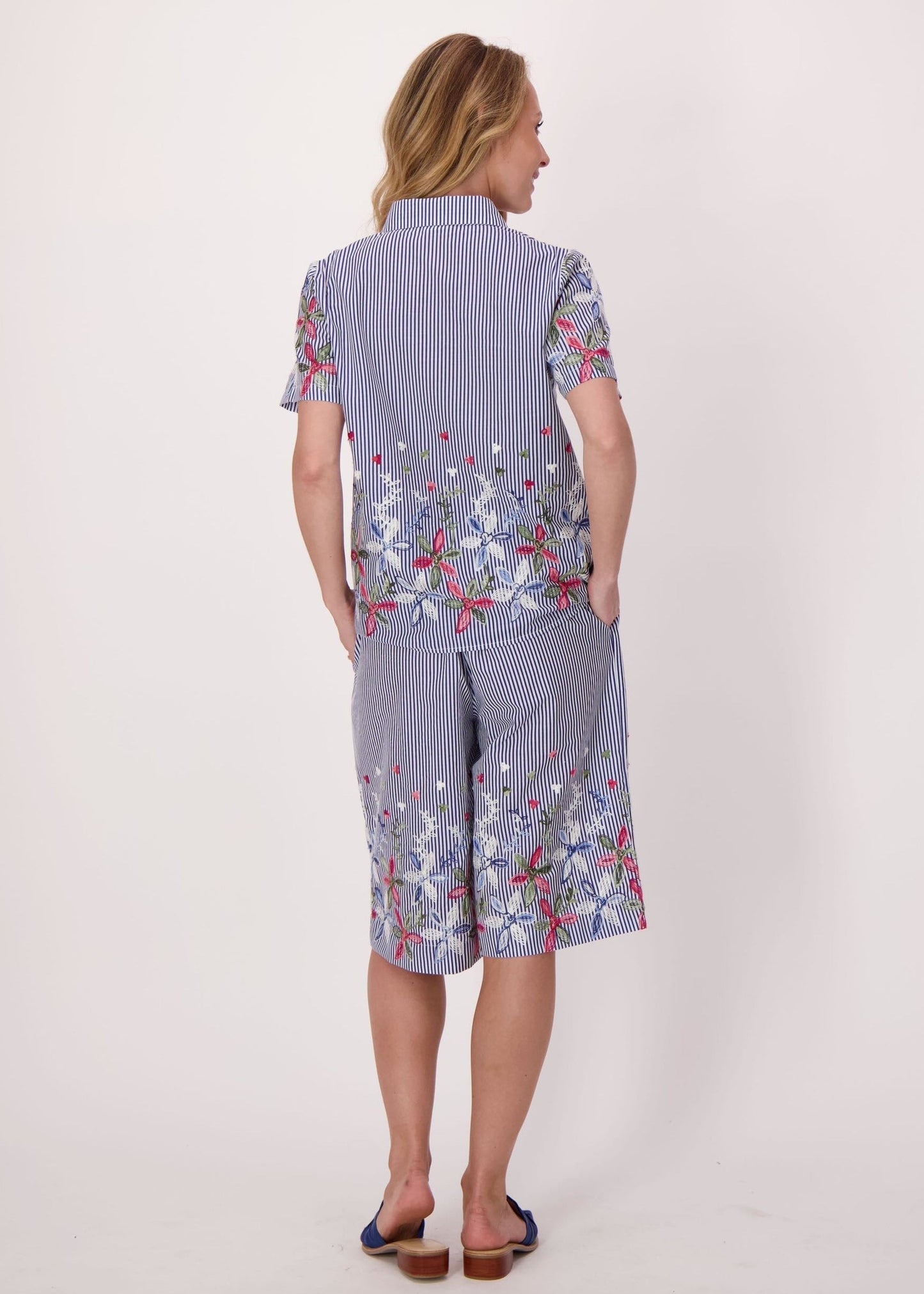 Gabby Isabella - Stripe Floral Embroidered Bermuda Shorts - SALE