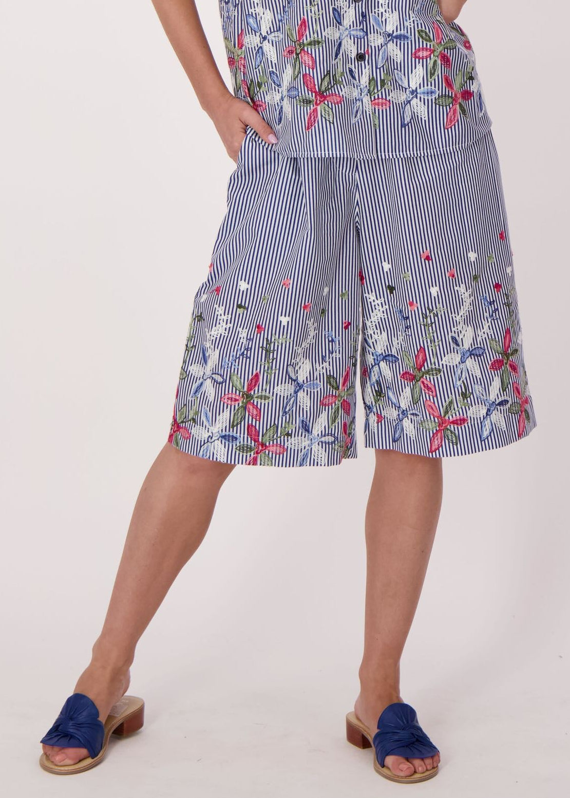 Gabby Isabella - Stripe Floral Embroidered Bermuda Shorts