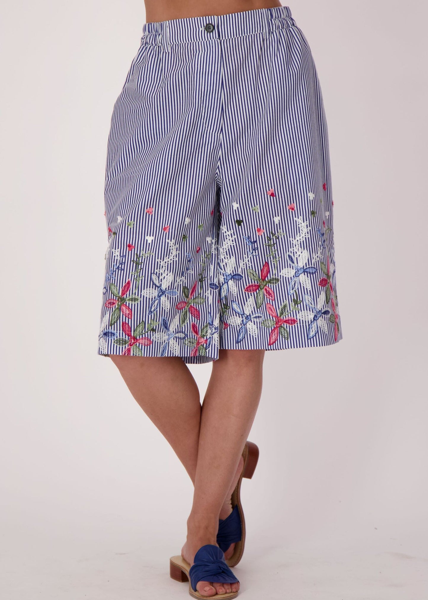 Gabby Isabella - Stripe Floral Embroidered Bermuda Shorts - SALE