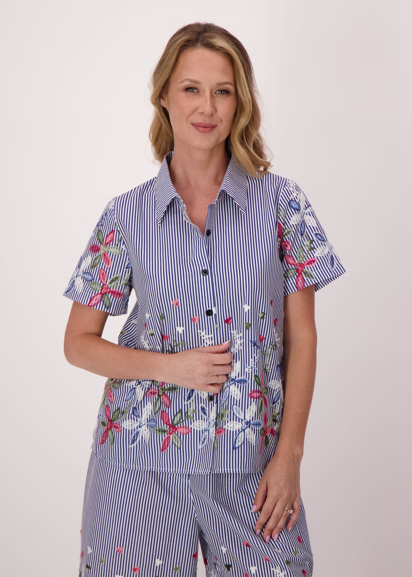 Gabby Isabella - Stripe Floral Embroidered Sleeve Hem Shirt Jacket - SALE