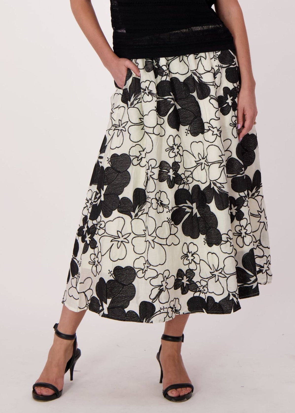 Gabby Isabella - Floral Overlay Embroidery Tencel Skirt