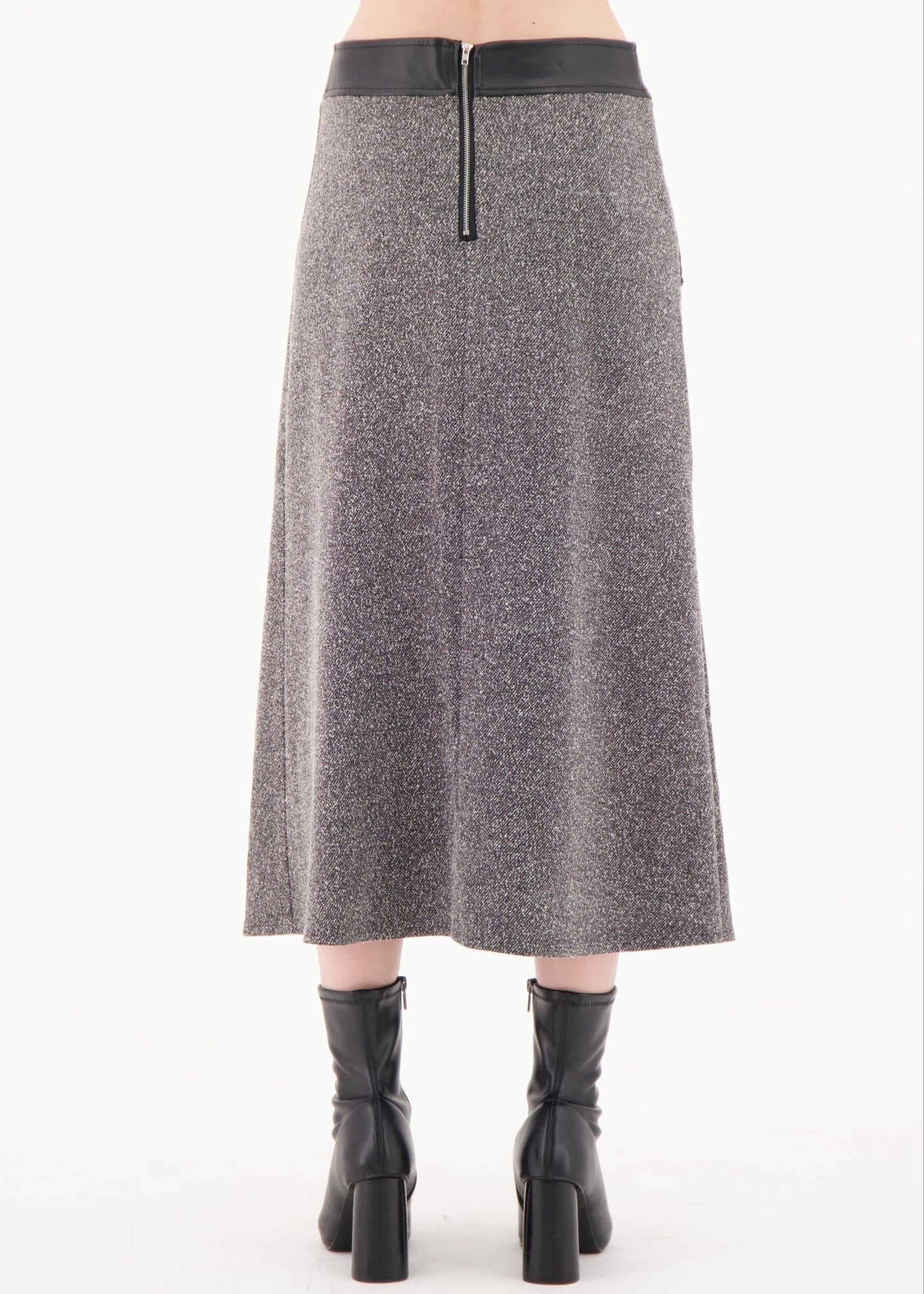 Gray skirt with black waistband and hem on a white background