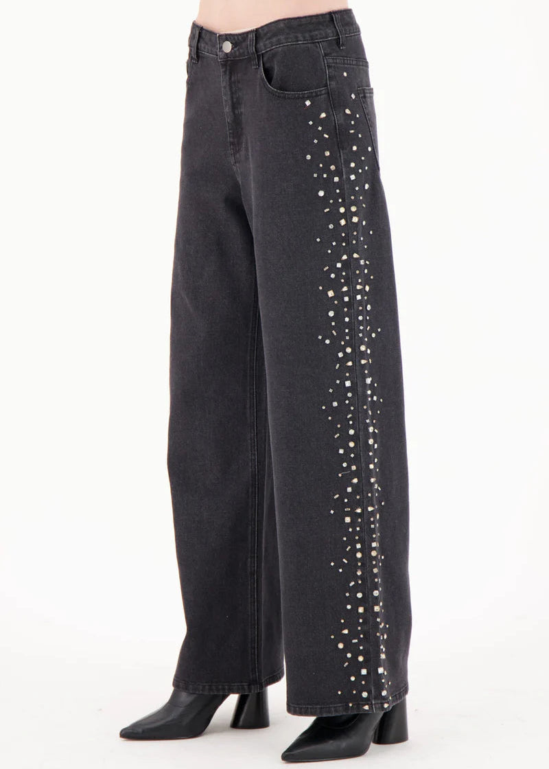 Spanner - Side Seam Rhinestone Wide Leg Denim Pant - SALE
