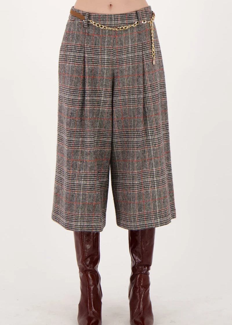 Spanner - Check Wide Leg Capri Pant With Chain Belt