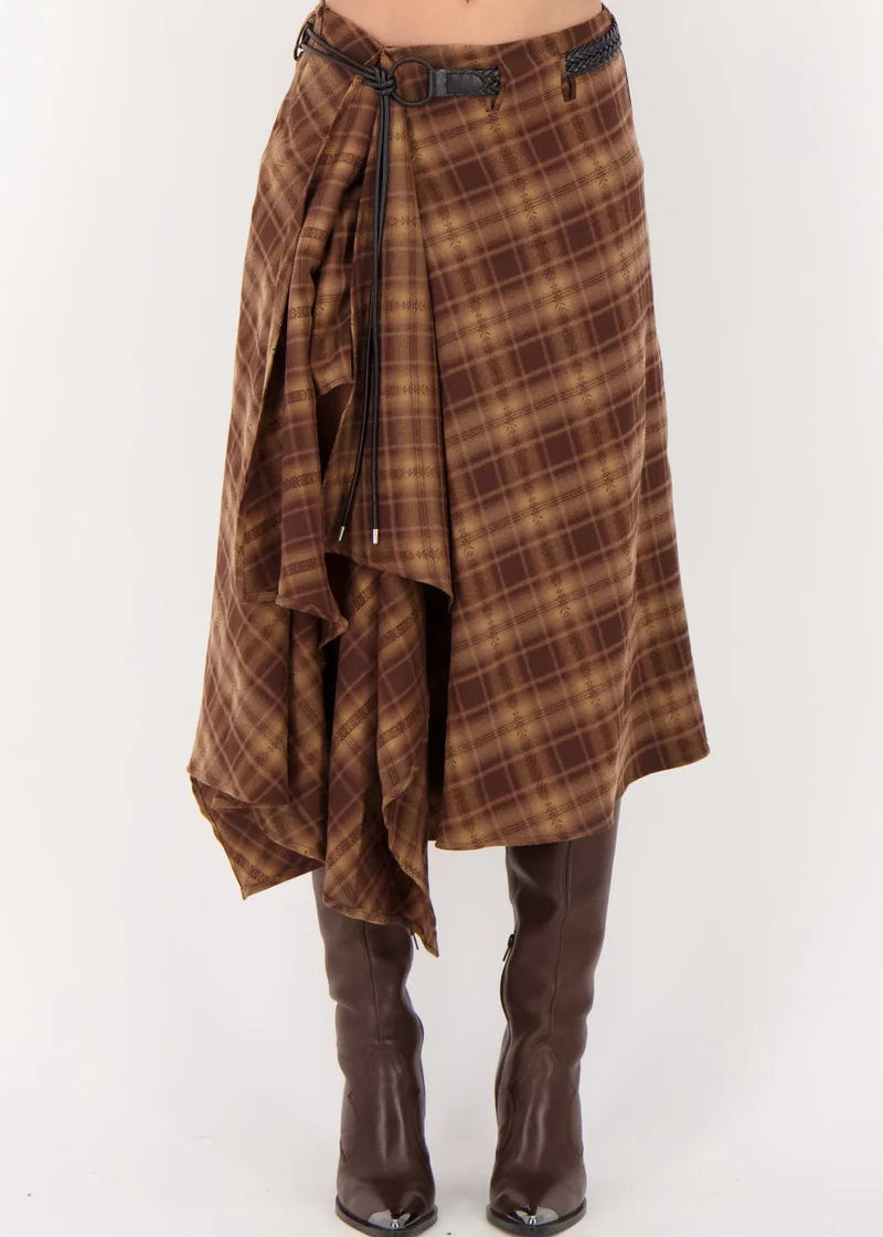 Gabby Isabella - Plaid Asymmetrical Belted Skirt