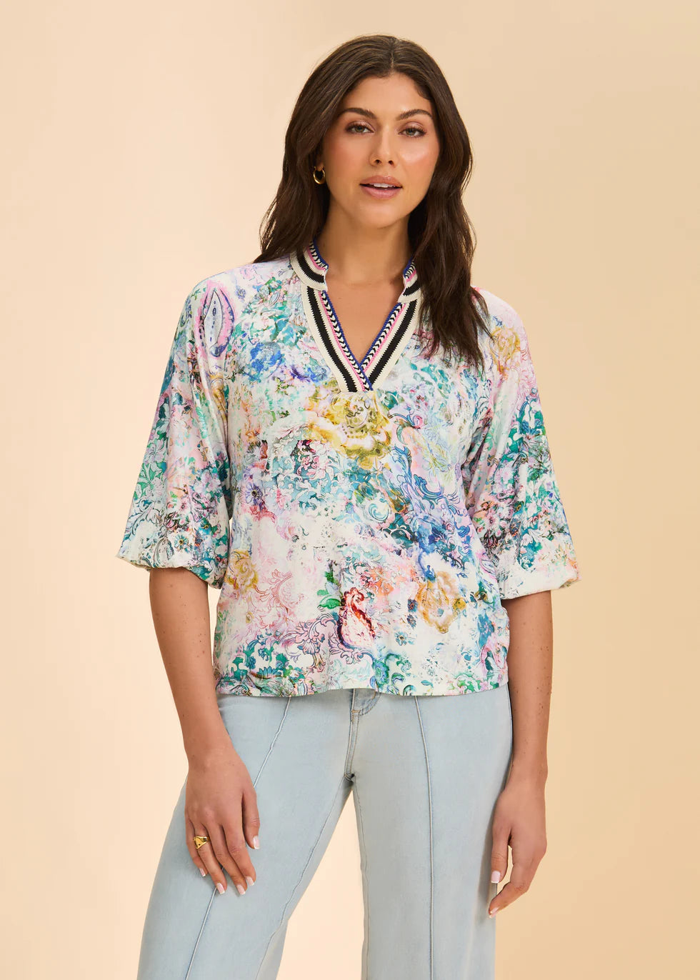 French Dressing Jeans - 3/4 Sleeve Split Neck Narnia Top - SALE - ONLINE EXCLUSIVE
