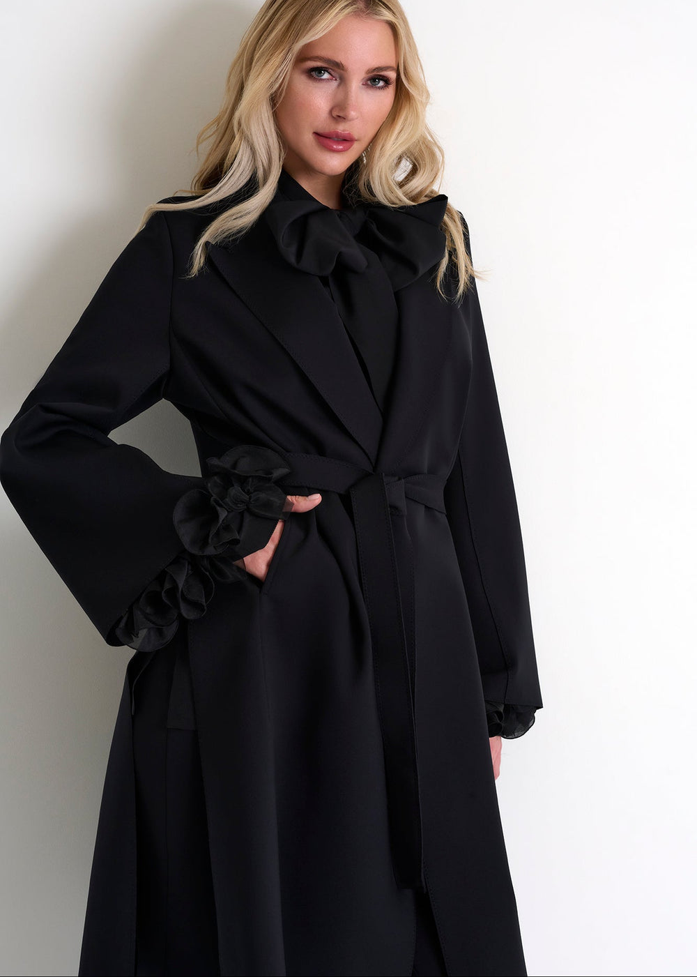 Long Coat With Tie Belt - 52467-80-800 02 / 800 Caviar / 75% POLYAMIDE, 25% ELASTANE