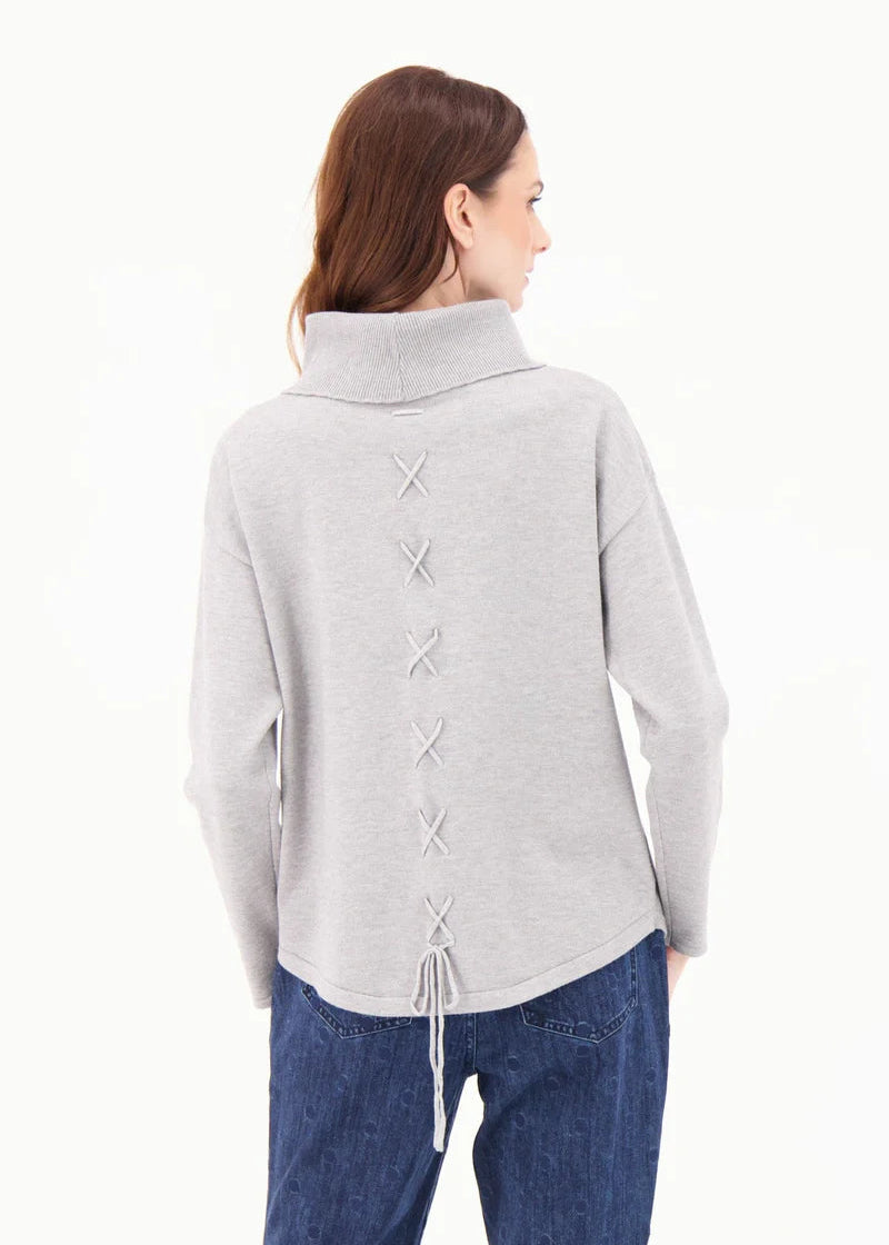 Gabby Isabella - Cowl Neckline Mixed Media Back Lacing Sweater - SALE
