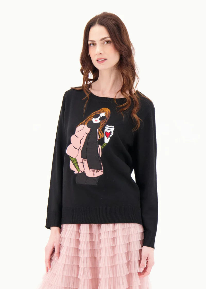 Gabby Isabella - Crew Neck Mixed Media "Coffee Break" Applique Sweater - SALE