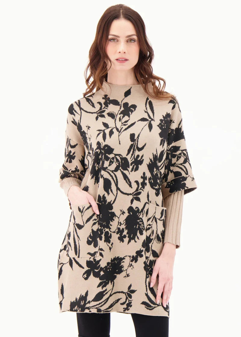 Gabbby Isabella - Funnel Neck Floral Intarsia Fooler Sleeve Tunic Dress - SALE